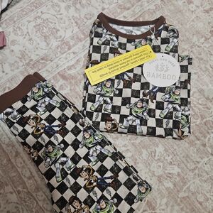 Bamboo Kids Pajama Set — Toy Character Checkered Pajamas in Brown and White